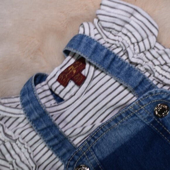 7 For All Mankind Girls Denim Overall Shorts Striped T-Shirt Set Size 12 Months - Picture 7 of 9